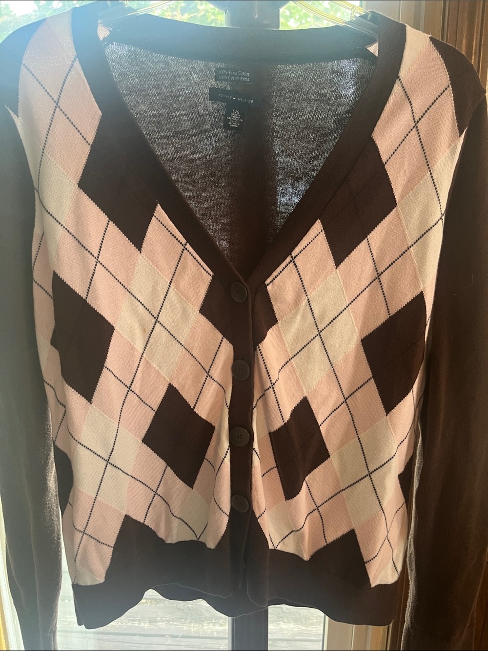 Tommy Hilfiger Brown and Pink Argyle V-Neck Cardigan